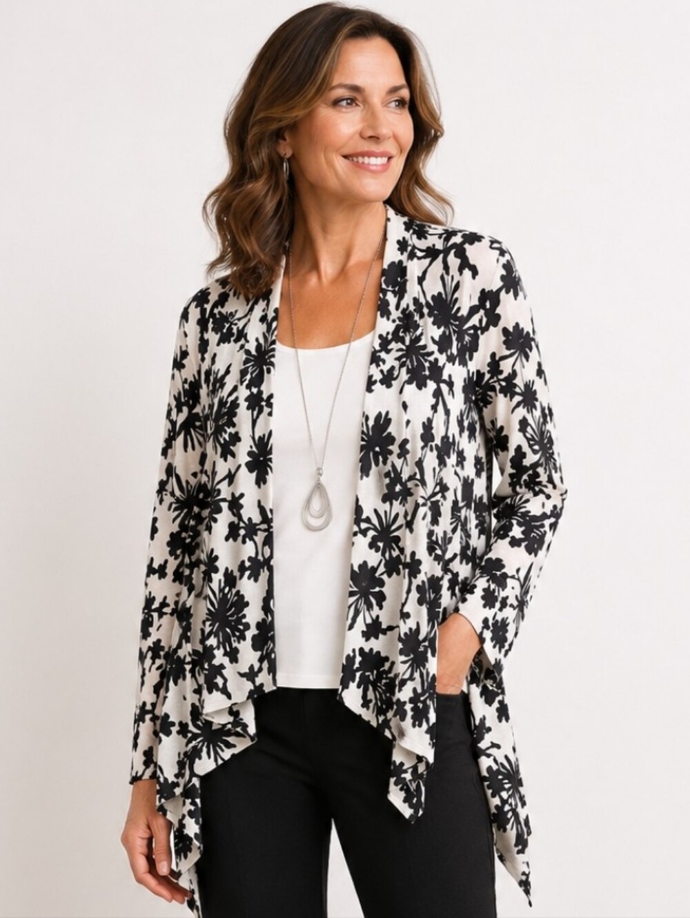 41 Hawthorn Black Floral Asymmetrical Open Cardigan Sz Small